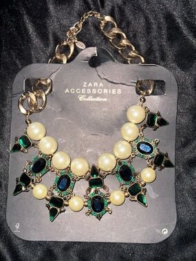 Zara Gold-Tone Necklace with Green and Cream Accents